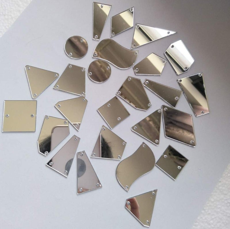 YongPan 50PCS Silver Sew on Mirror Rhinestones Sew On Mirror Pieces with Holes Flat Back Acrylic Shiny Sew-on Stone for Dress Decoration (Mix Shapes  Silver Mirror) - Image 3